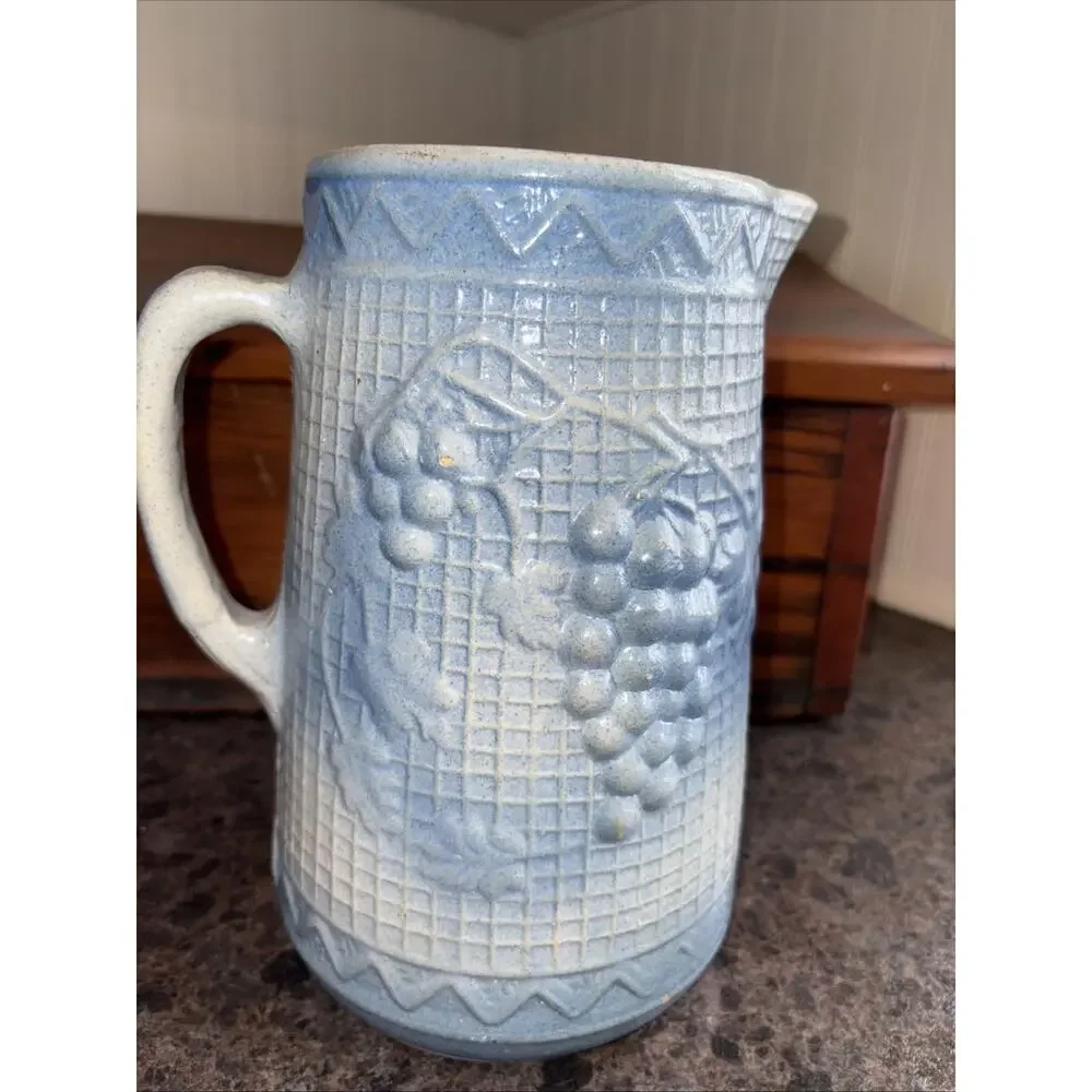 Antique Brush McCoy Salt Glazed Stoneware Pitcher w/ Blue Grape & Lattice